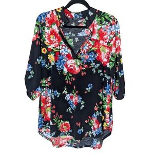 Heimish USA Floral Blouse Black with Red Blue‎ Green Print Size M Cottage Boho